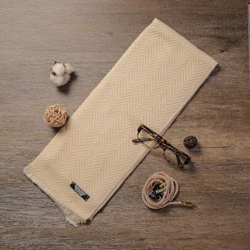 【窄版】喀什米爾羊毛圍巾 香檳色山形紋 脖圍 手工編織 男女可