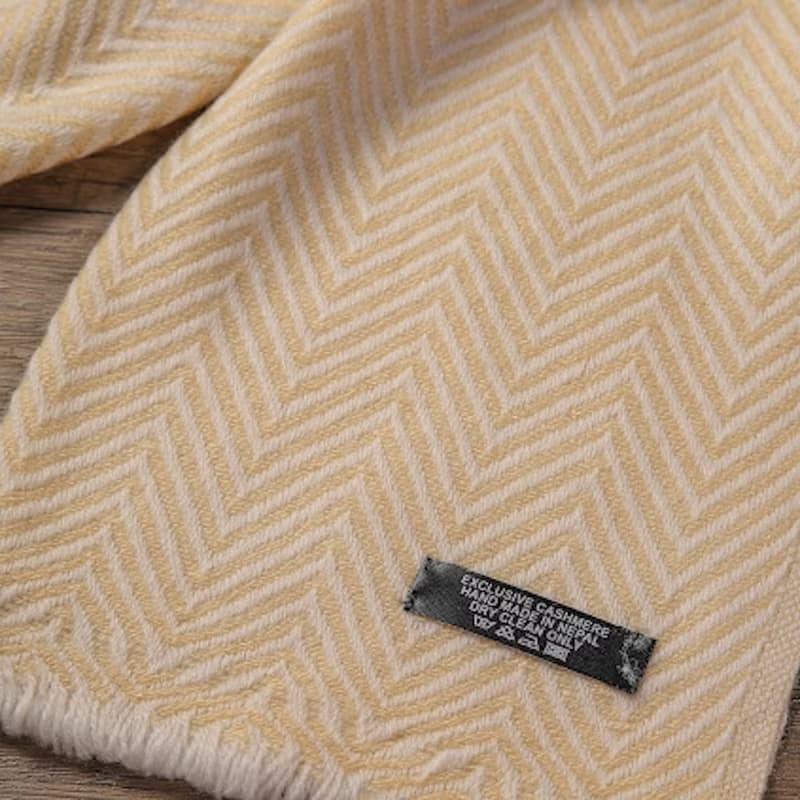 【窄版】喀什米爾羊毛圍巾 香檳色山形紋 脖圍 手工編織 男女可