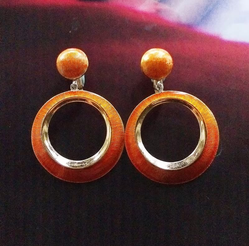 Vintage Jewelry 西洋古董飾品 TRIFARI 琺瑯橙 夾式耳環