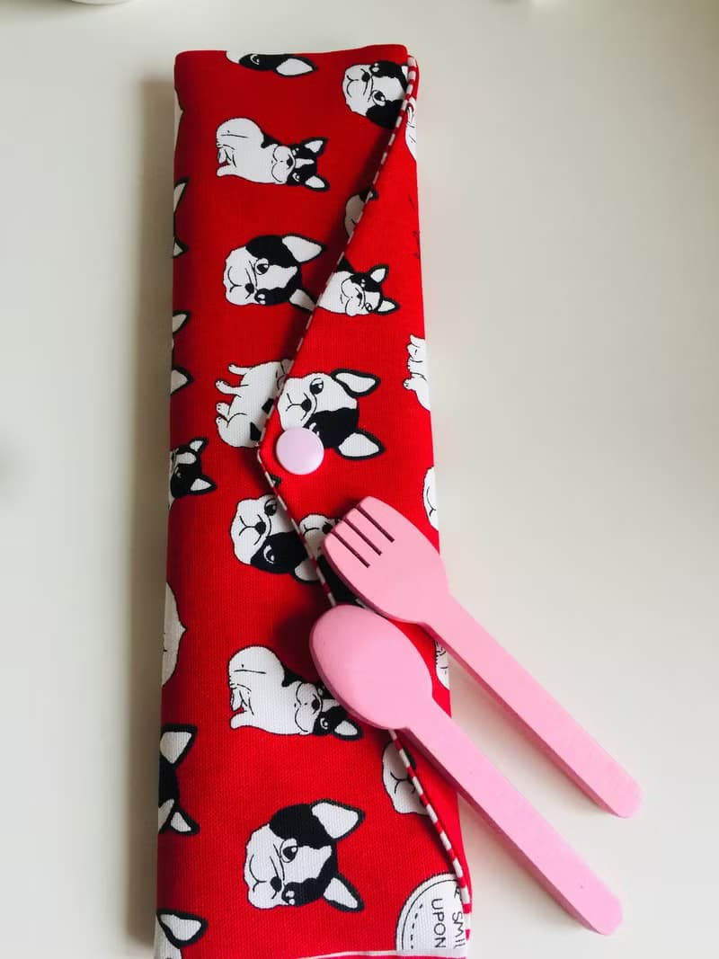 文青風環保筷袋  鬥牛犬 紅  手作餐具袋.交換禮物.