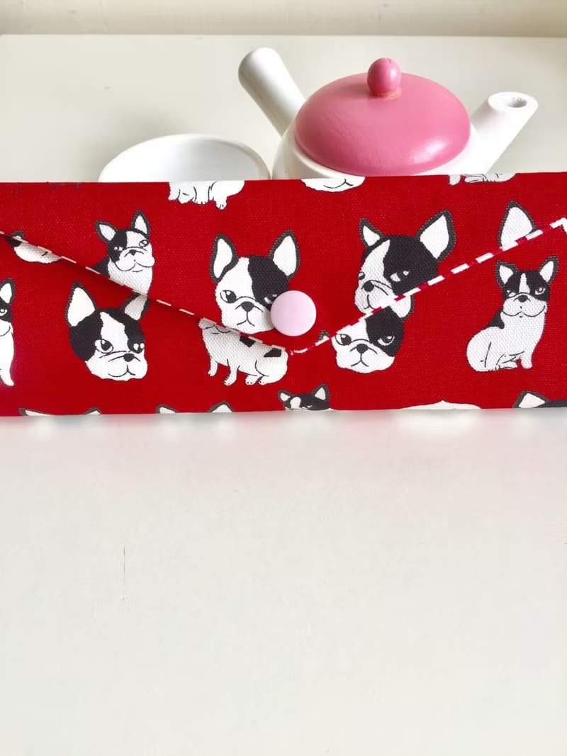 文青風環保筷袋  鬥牛犬 紅  手作餐具袋.交換禮物.