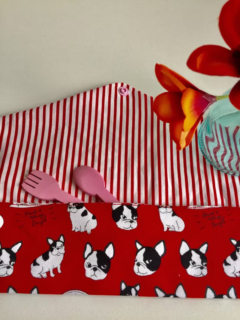 文青風環保筷袋  鬥牛犬 紅  手作餐具袋.交換禮物.