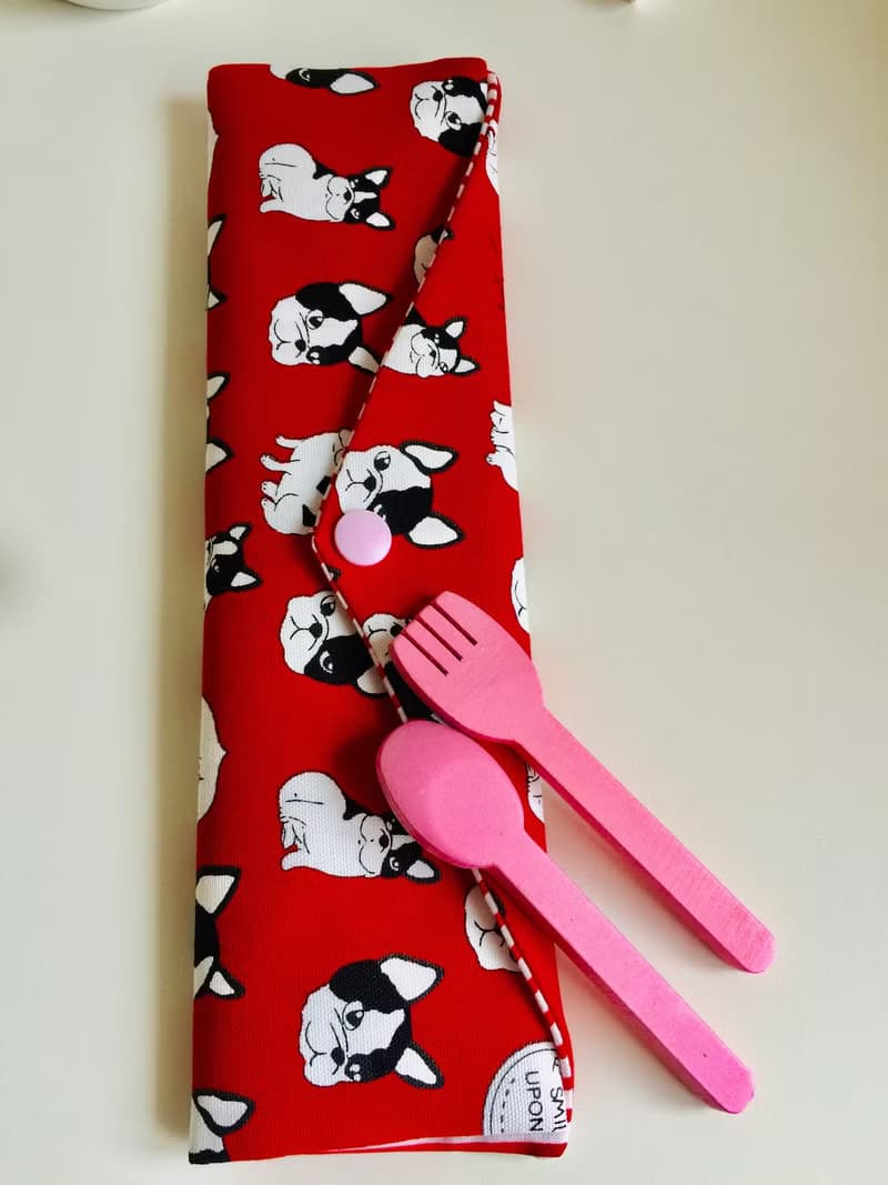 文青風環保筷袋  鬥牛犬 紅  手作餐具袋.交換禮物.