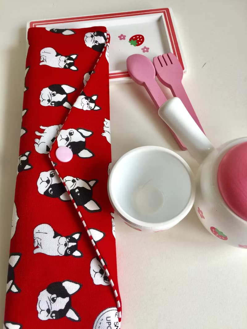 文青風環保筷袋  鬥牛犬 紅  手作餐具袋.交換禮物.