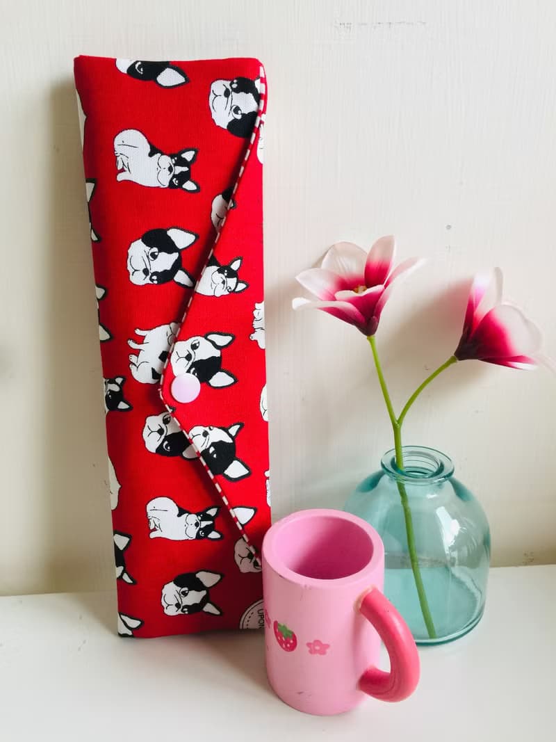 文青風環保筷袋  鬥牛犬 紅  手作餐具袋.交換禮物.