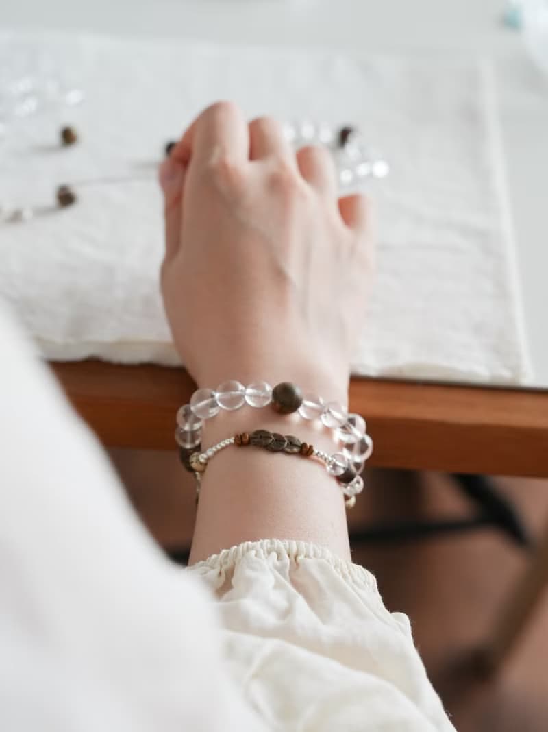 原創手工時絮奇楠沉香天然白水晶手串手鏈s925銀生日禮物