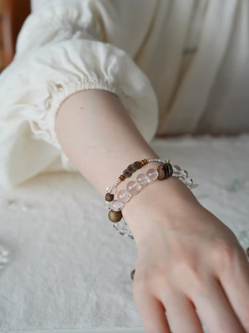 原創手工時絮奇楠沉香天然白水晶手串手鏈s925銀生日禮物