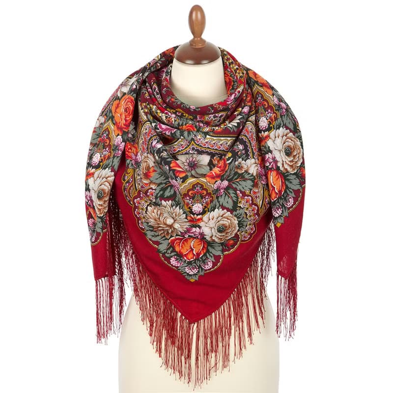 Pavlovo Posad Russian Shawl 100% Wool Scarf 125x125 cm Wrap Silk Fringe 1851-5
