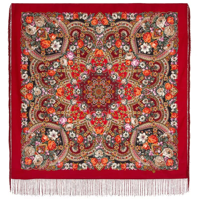 Pavlovo Posad Russian Shawl 100% Wool Scarf 125x125 cm Wrap Silk Fringe 1851-5