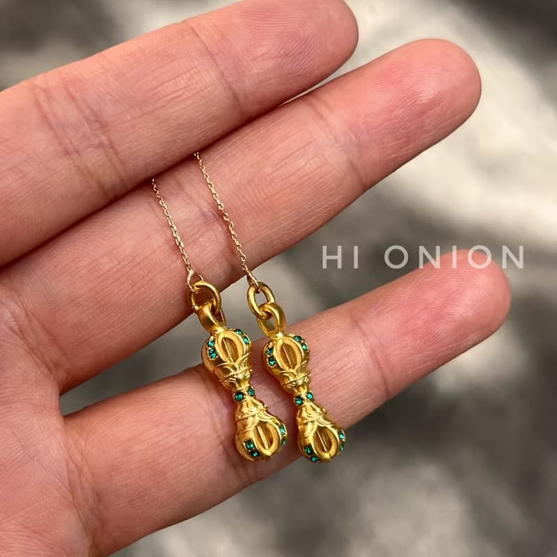 Hi Onion原創小眾設計復古祖母綠銀鍍金耳線耳環新中式男女耳夾