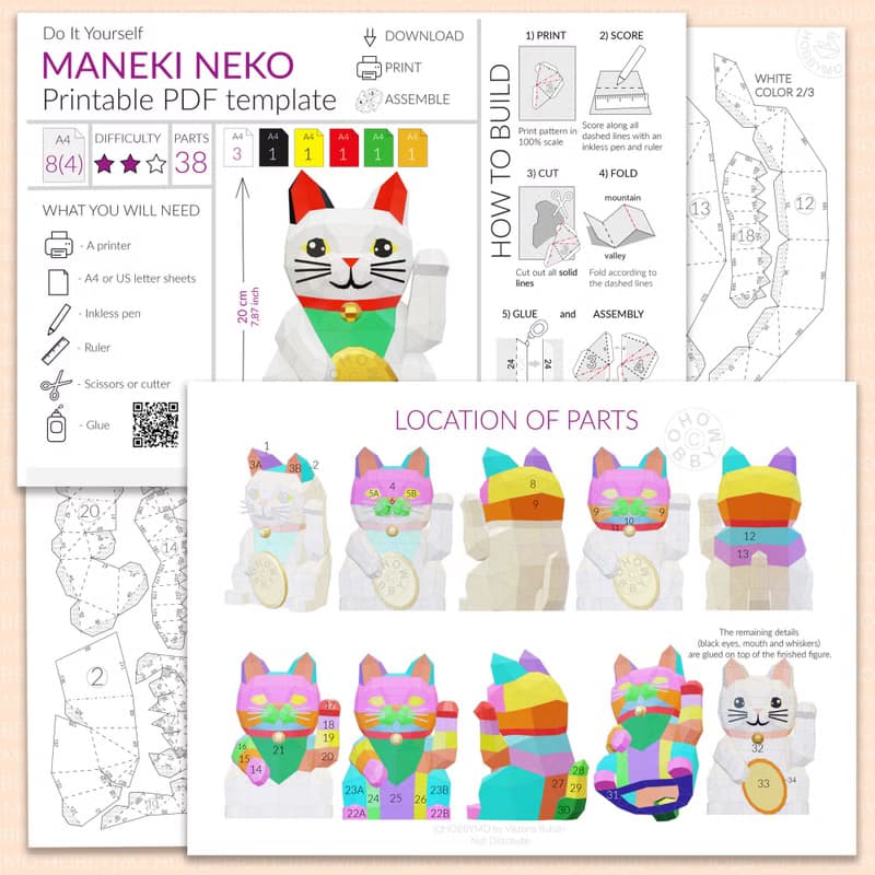 【數位】DIY Paper Maneki Neko, Lucky cat, 3D Papercraft, Printable PDF template