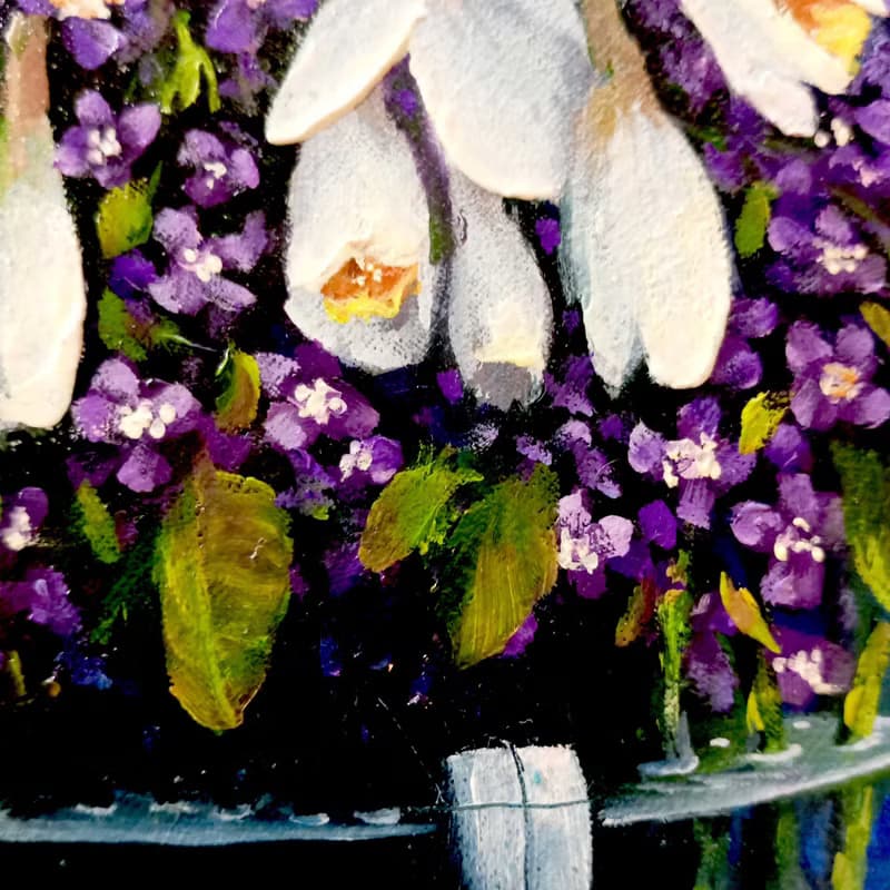 用鲜花画画。 水仙花花束。 30x30厘米油。 帆布在纸板上