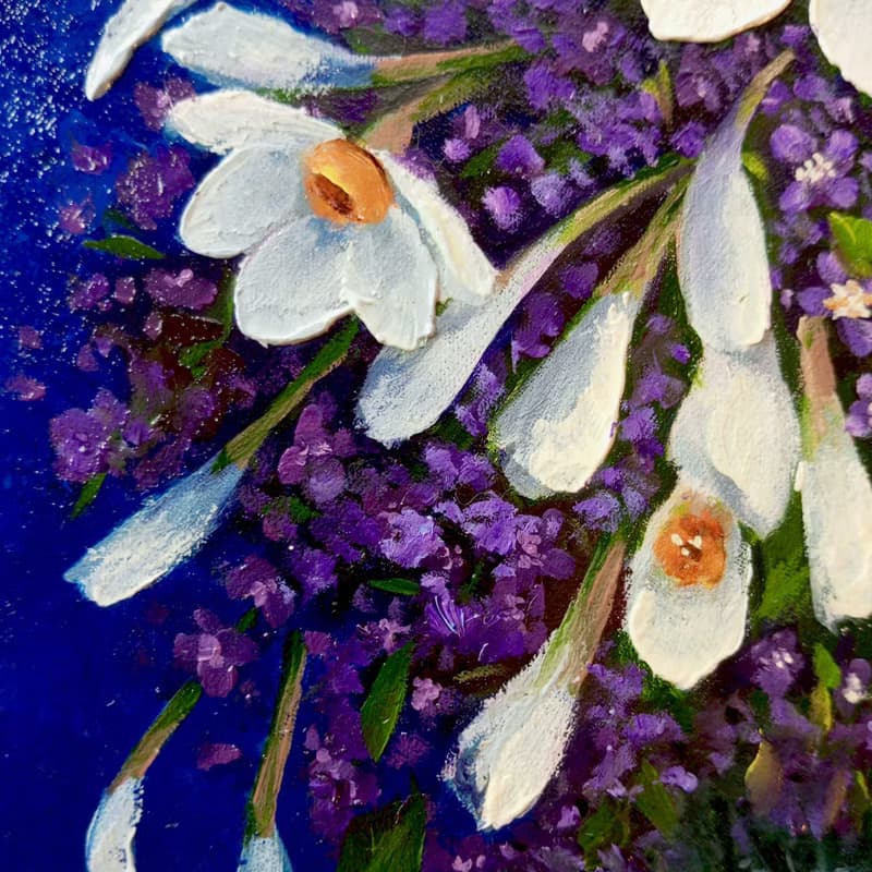 用鲜花画画。 水仙花花束。 30x30厘米油。 帆布在纸板上