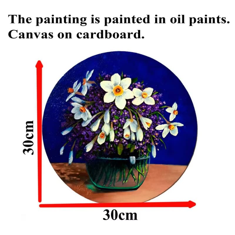 用鲜花画画。 水仙花花束。 30x30厘米油。 帆布在纸板上