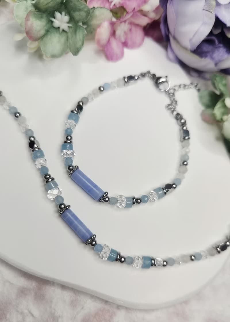 築夢薔薇-薔薇灰石 藍紋瑪瑙 紫水晶-圓滿愛情的半寶石水晶手鍊