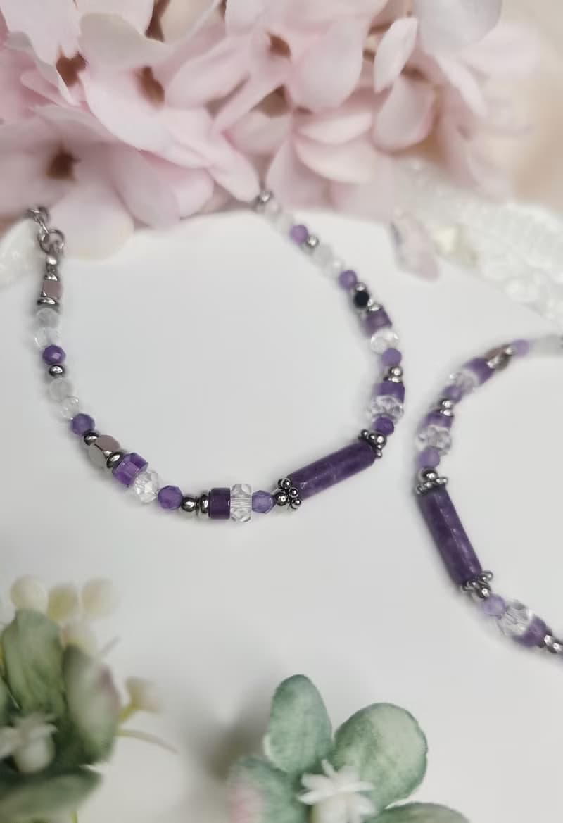 築夢薔薇-薔薇灰石 藍紋瑪瑙 紫水晶-圓滿愛情的半寶石水晶手鍊