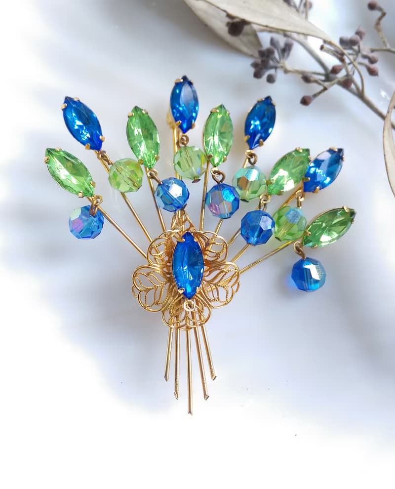 Vintage Jewelry 西洋古董飾品 立體 金絲 萊茵扇形花束 別針