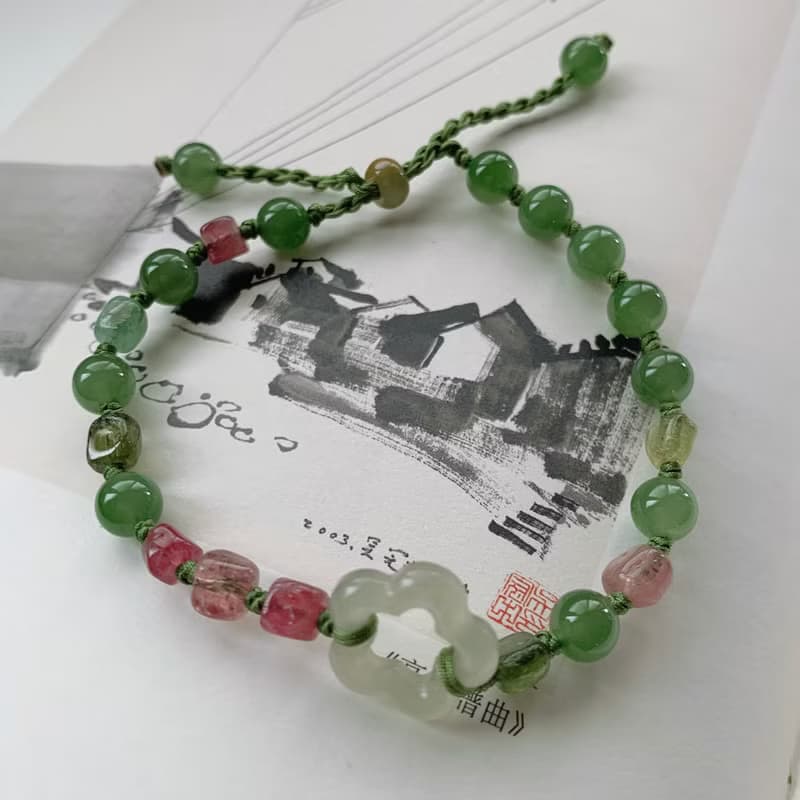 探窗。天然和田玉梅花碧玉碧璽復古編織手繩 原創中式古典手鏈