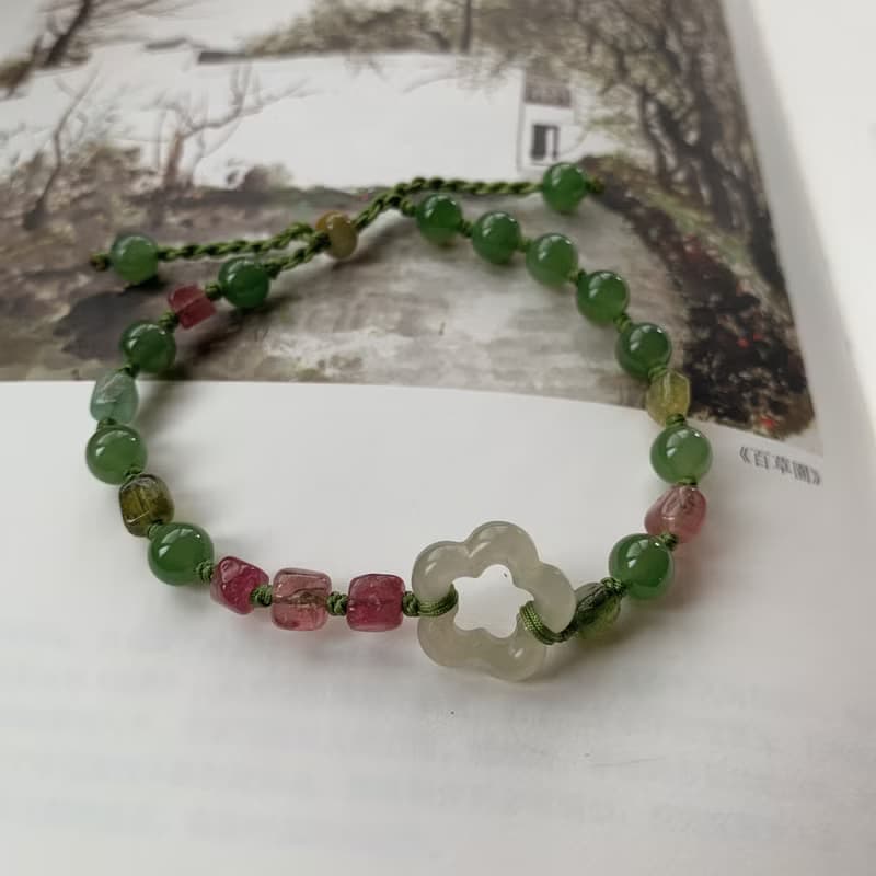 探窗。天然和田玉梅花碧玉碧璽復古編織手繩 原創中式古典手鏈