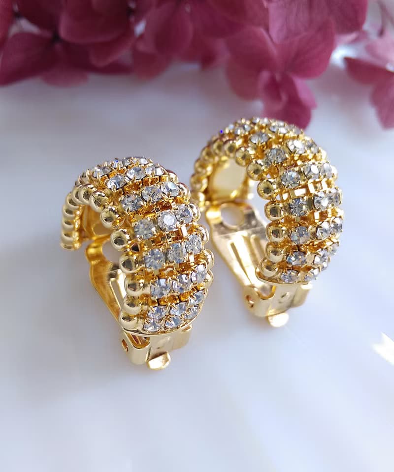 Vintage Jewelry 西洋古董飾品 金色調 排鑽 C圈 夾式耳環