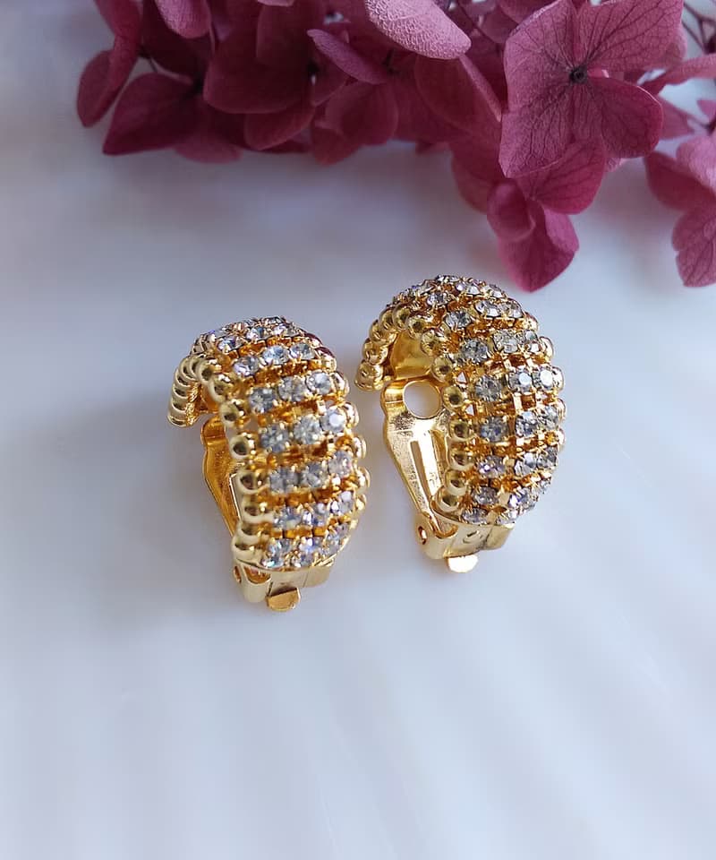 Vintage Jewelry 西洋古董飾品 金色調 排鑽 C圈 夾式耳環