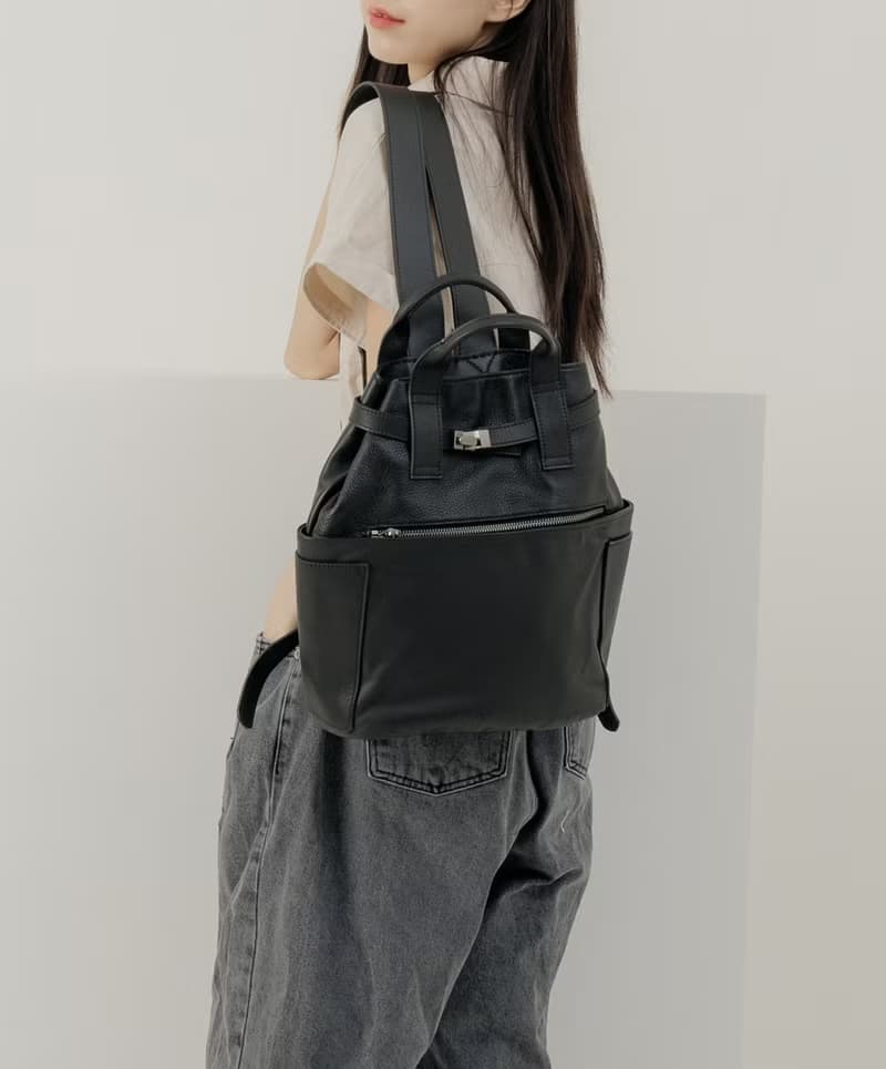 supportingrole 真皮復古多口袋都會後背包 黑