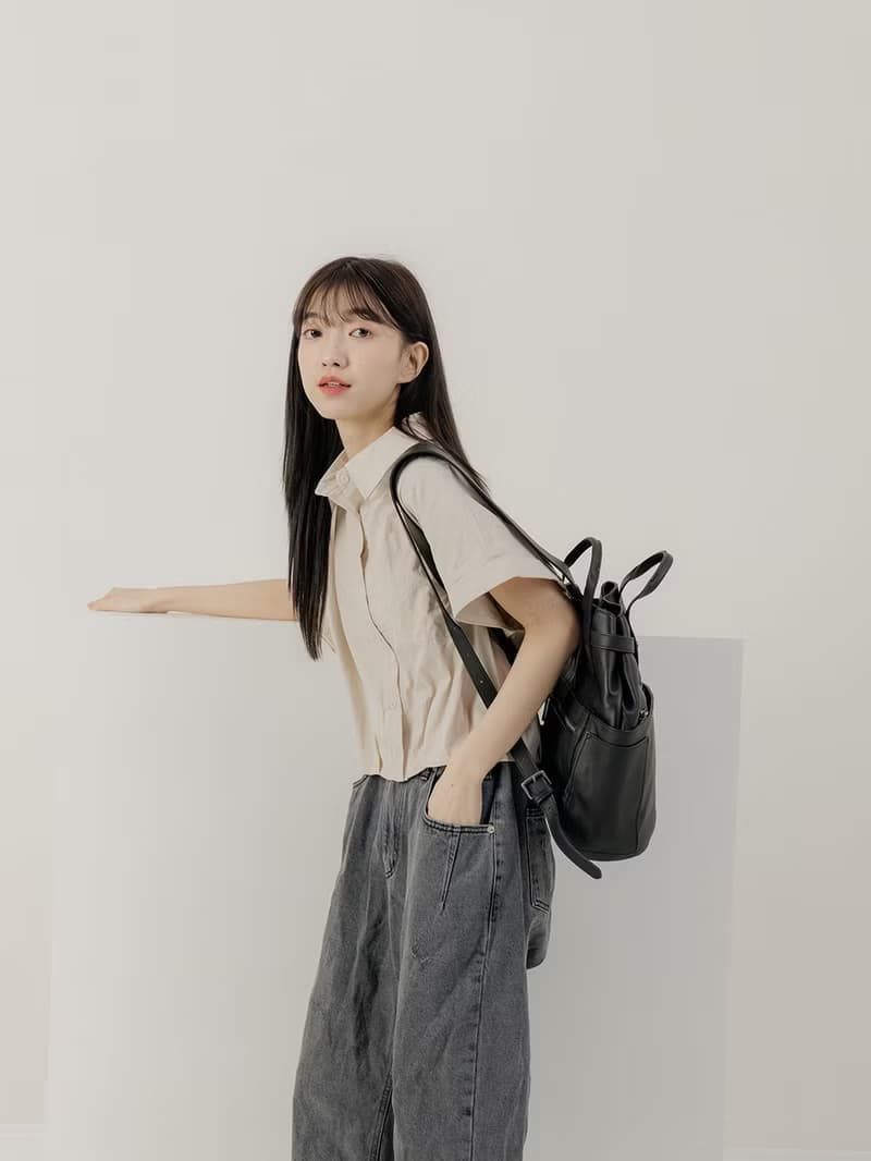 supportingrole 真皮復古多口袋都會後背包 黑