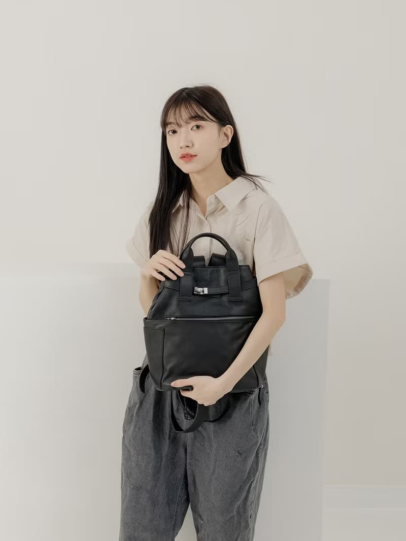 supportingrole 真皮復古多口袋都會後背包 黑