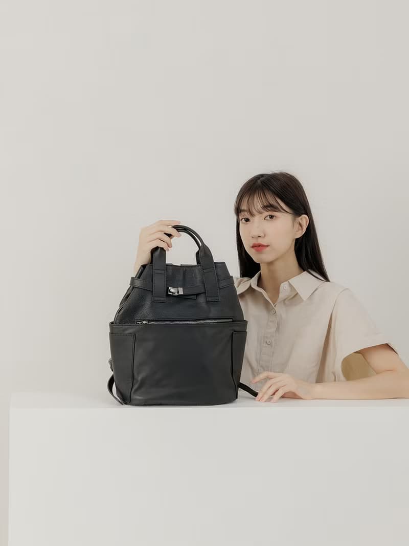 supportingrole 真皮復古多口袋都會後背包 黑