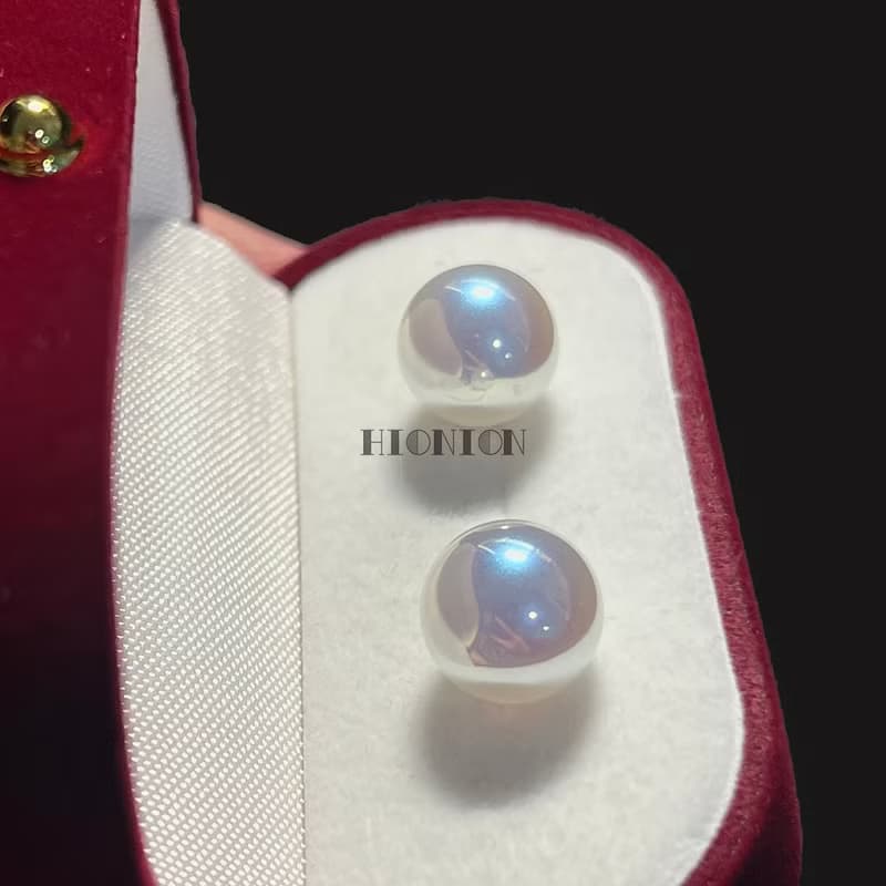Hi Onion 仿小燈泡人造馬貝珍珠12mm鏡面akoya極光銀針耳釘耳夾