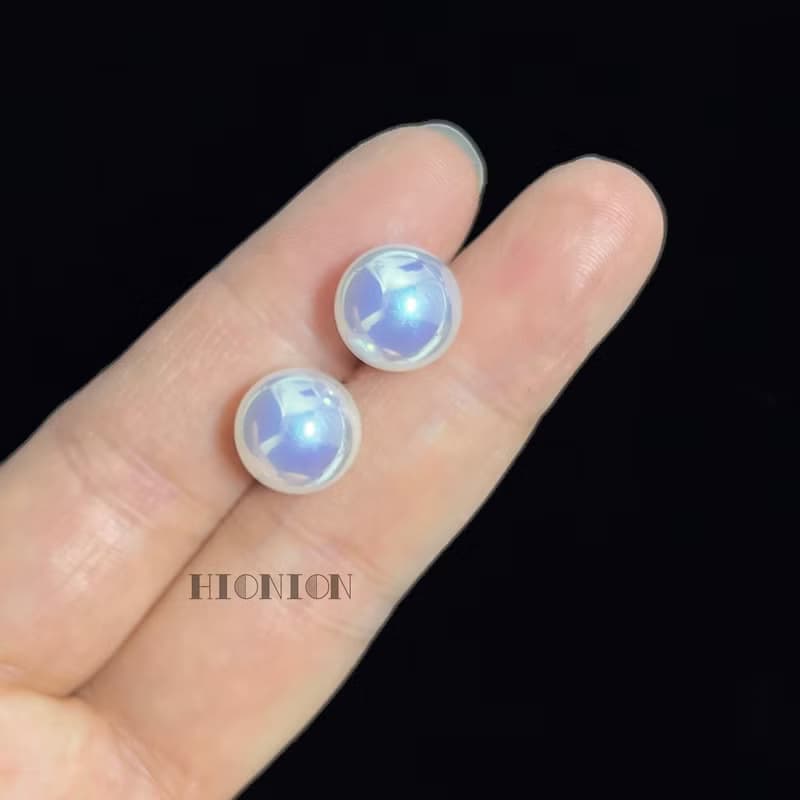 Hi Onion 仿小燈泡人造馬貝珍珠12mm鏡面akoya極光銀針耳釘耳夾