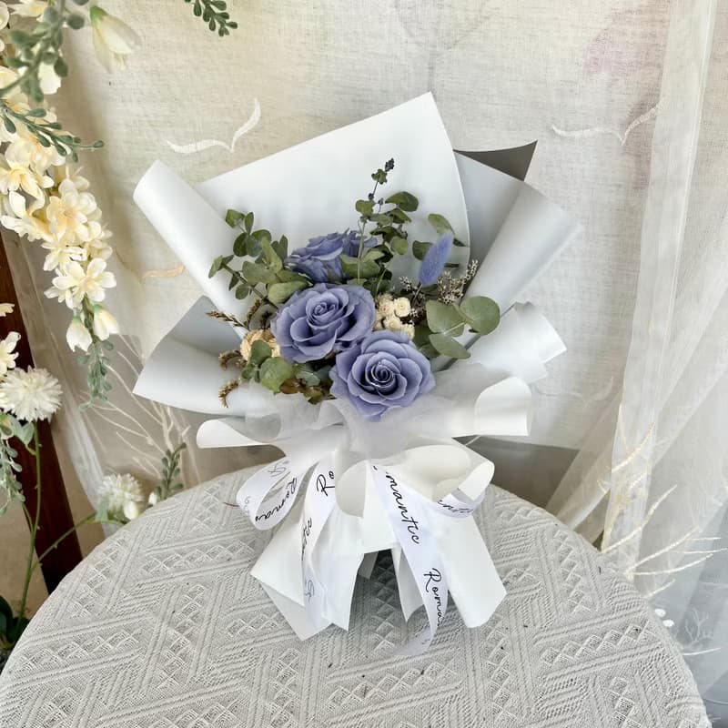 灰藍玫瑰永生花束 情人節花束