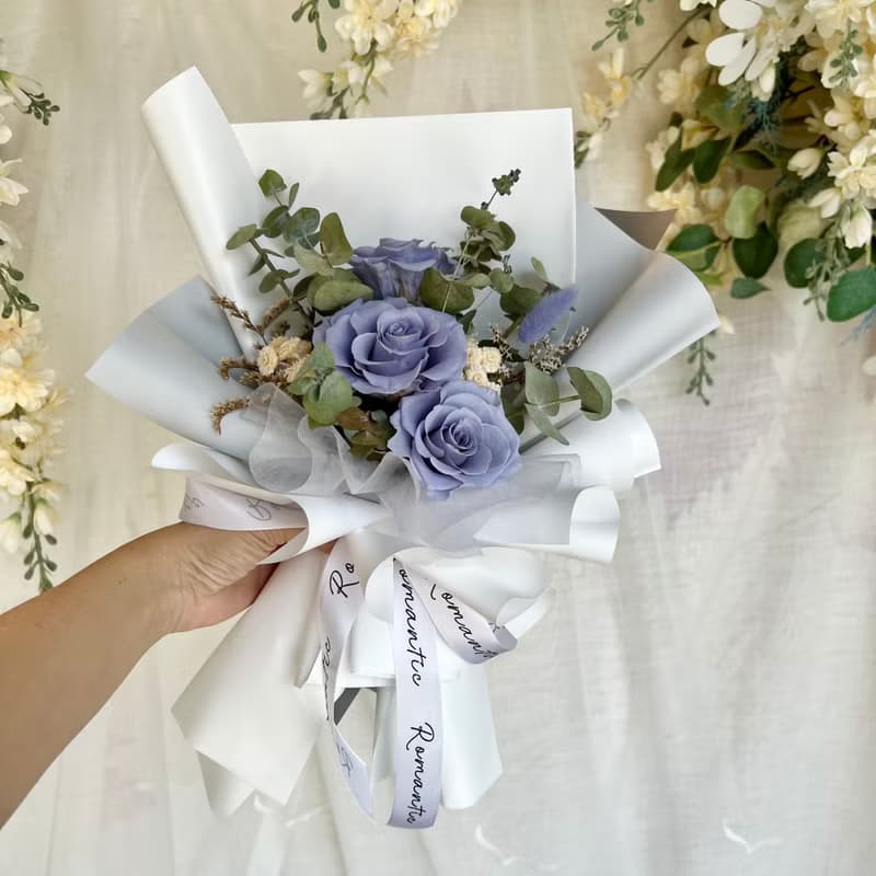 灰藍玫瑰永生花束 情人節花束