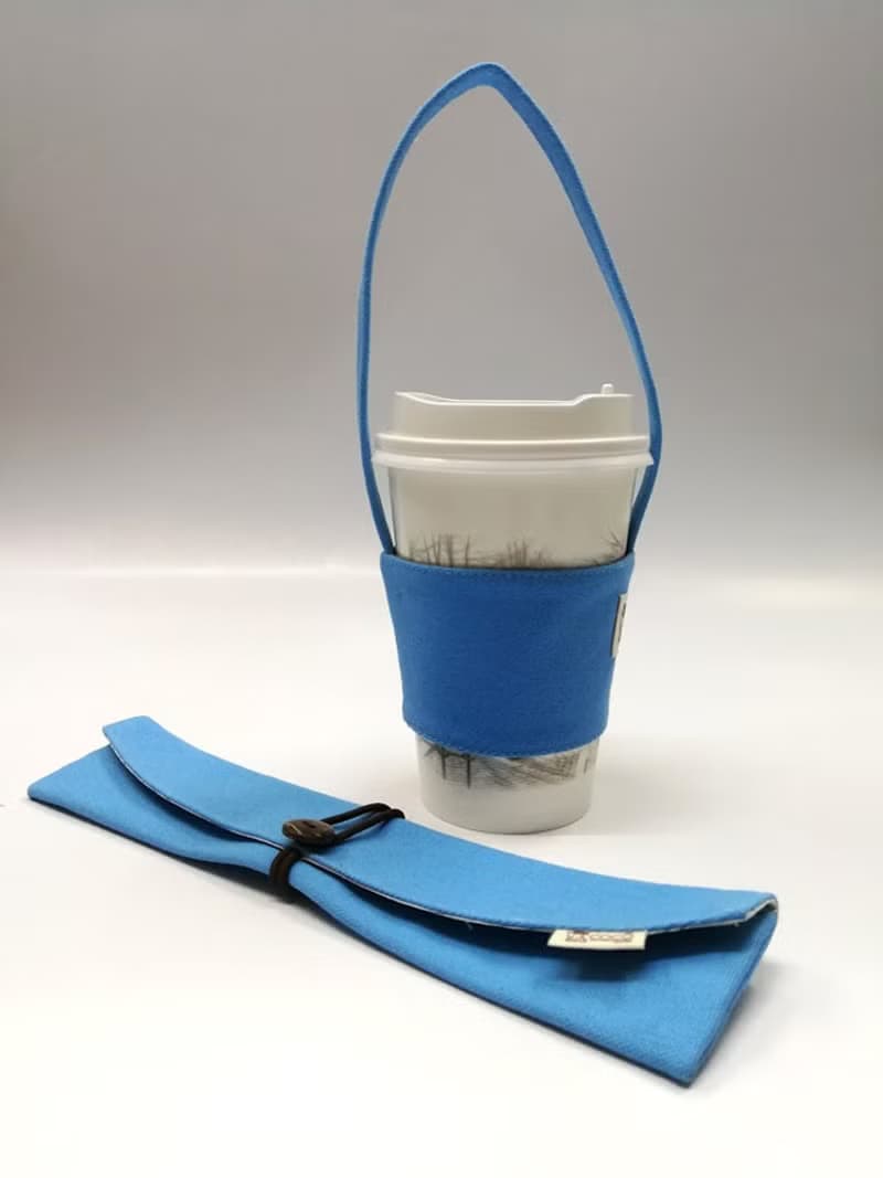 環保筷袋杯套組~手提式飲料杯套 餐具組收納袋 筷套(藍色)F08-008