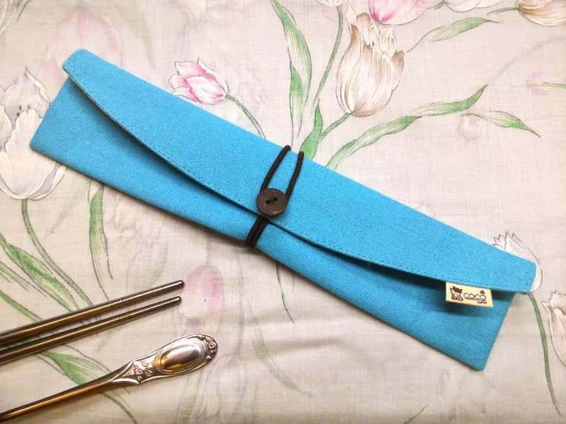 環保筷袋杯套組~手提式飲料杯套 餐具組收納袋 筷套(藍色)F08-008