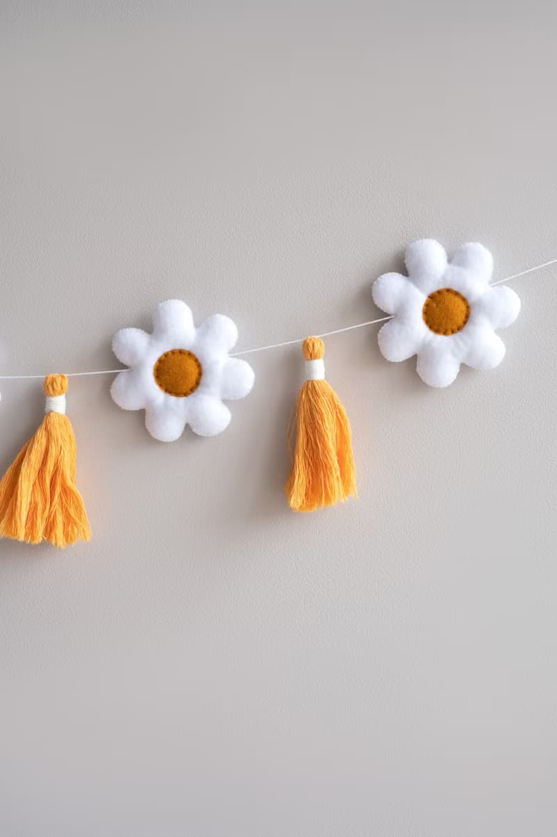 Flower garland, daisy party decor, tassel garland, boho nursery decor