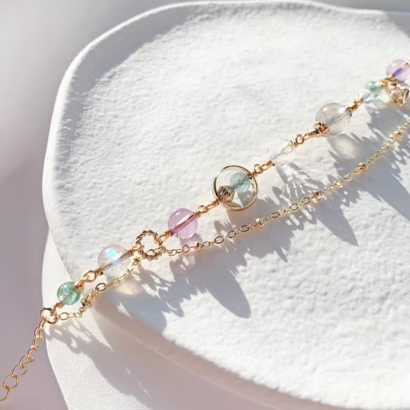 拉長石 紫水晶 藍磷灰  海藍寶 鑽切白水晶 14k包金天然水晶手鍊