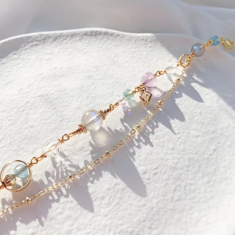 拉長石 紫水晶 藍磷灰  海藍寶 鑽切白水晶 14k包金天然水晶手鍊