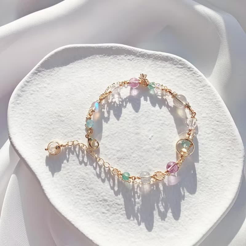 拉長石 紫水晶 藍磷灰  海藍寶 鑽切白水晶 14k包金天然水晶手鍊