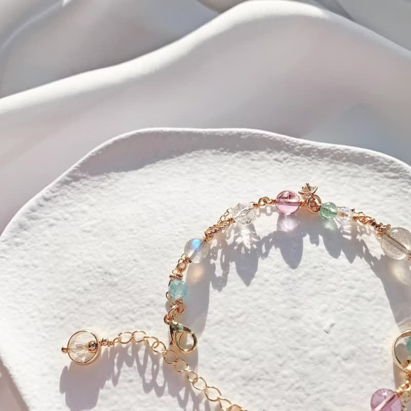 拉長石 紫水晶 藍磷灰  海藍寶 鑽切白水晶 14k包金天然水晶手鍊