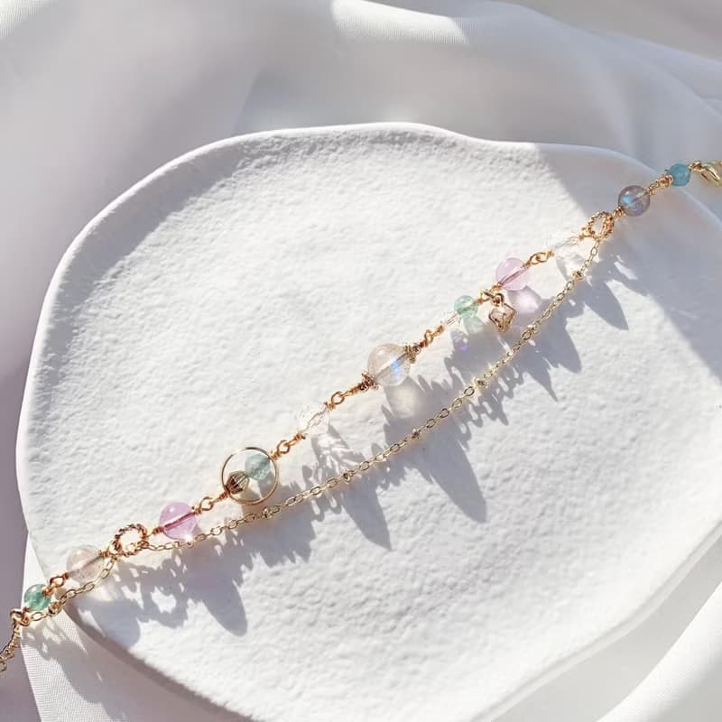 拉長石 紫水晶 藍磷灰  海藍寶 鑽切白水晶 14k包金天然水晶手鍊