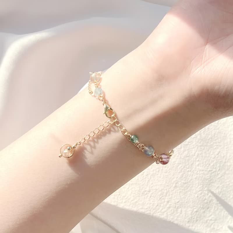 拉長石 紫水晶 藍磷灰  海藍寶 鑽切白水晶 14k包金天然水晶手鍊