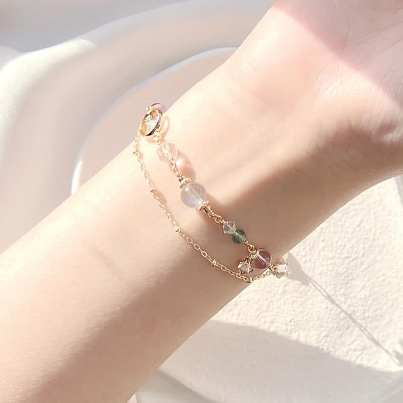 拉長石 紫水晶 藍磷灰  海藍寶 鑽切白水晶 14k包金天然水晶手鍊