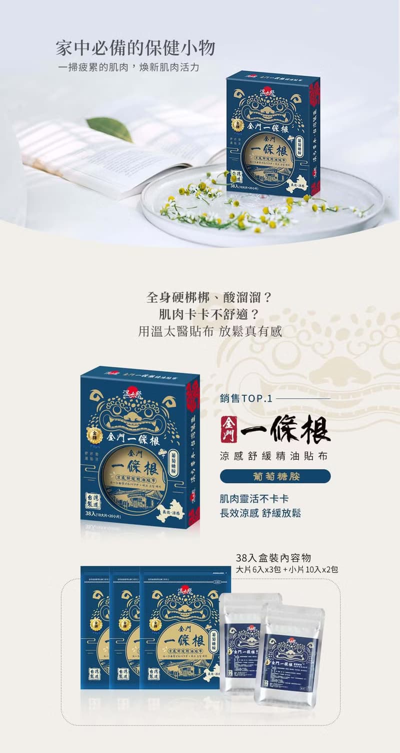 【溫太醫】金牌一條根精油貼布 添加葡萄糖胺38入/盒(2盒)