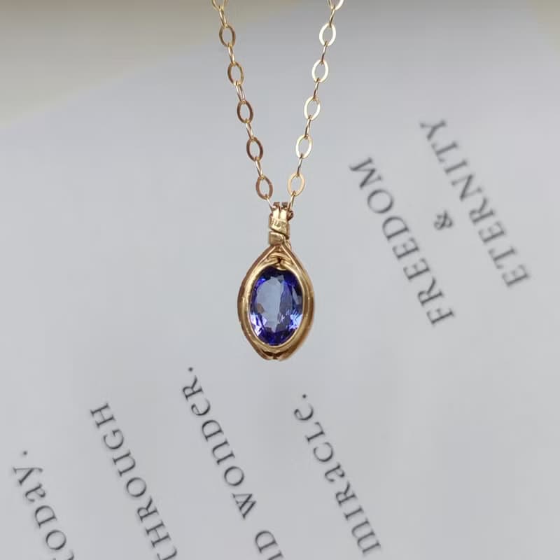 天然坦桑石吊墜 切面坦桑石項鍊 手工14KGF項鏈 簡約刻面寶石項鍊