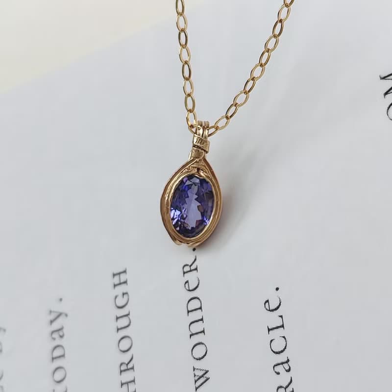 天然坦桑石吊墜 切面坦桑石項鍊 手工14KGF項鏈 簡約刻面寶石項鍊