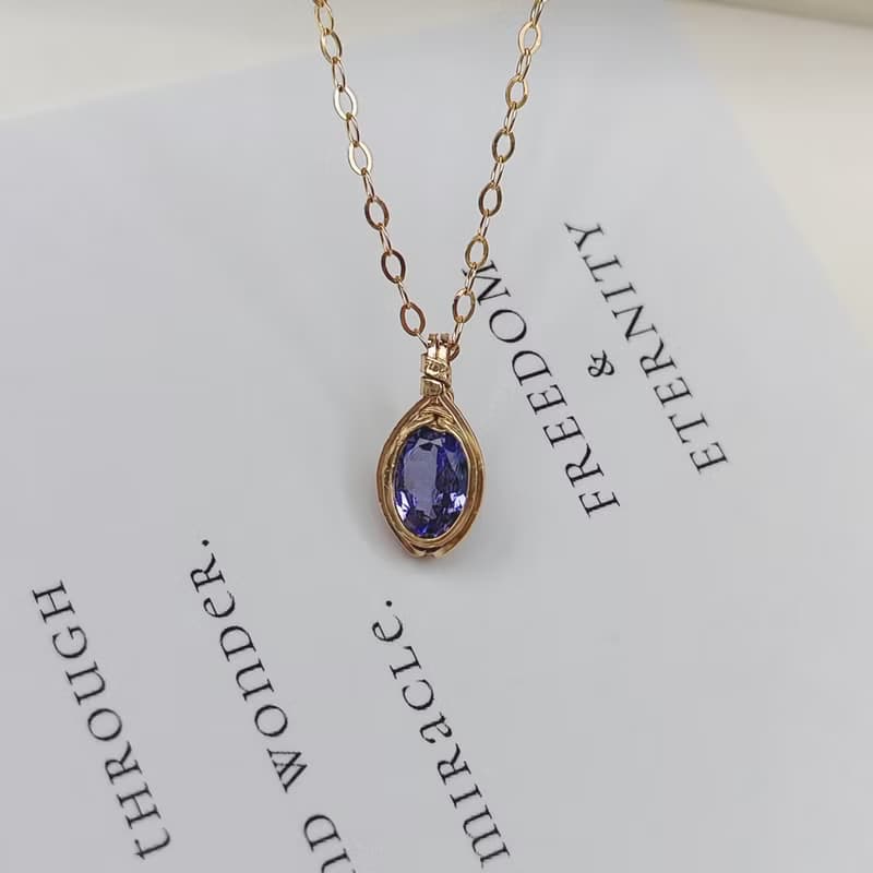 天然坦桑石吊墜 切面坦桑石項鍊 手工14KGF項鏈 簡約刻面寶石項鍊