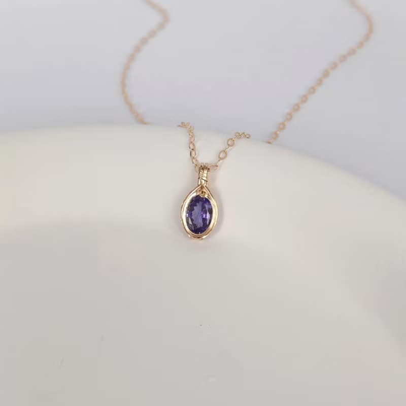 天然坦桑石吊墜 切面坦桑石項鍊 手工14KGF項鏈 簡約刻面寶石項鍊