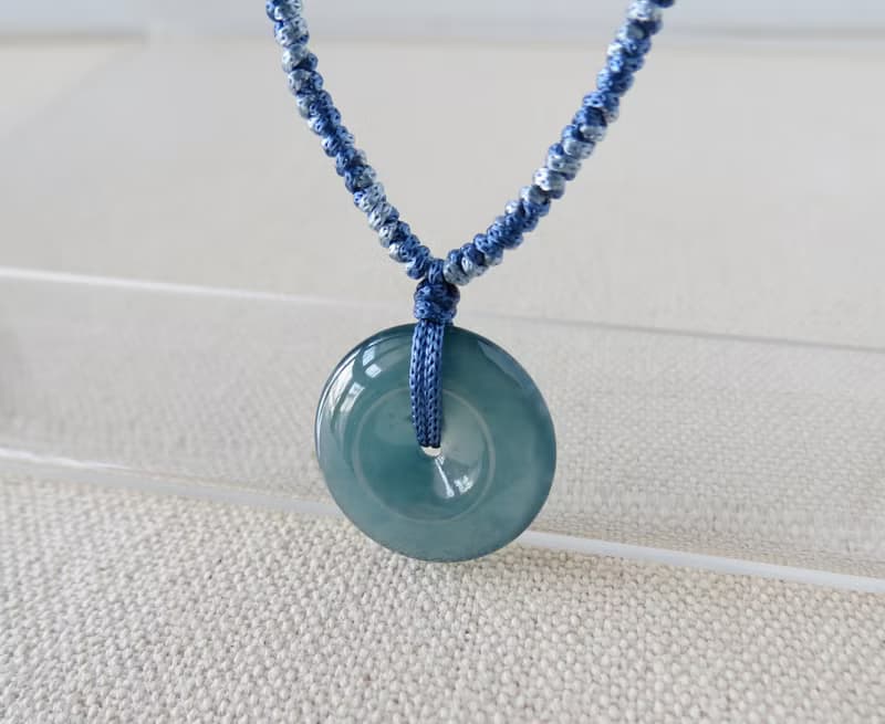 本命年【歲歲平安】冰藍水雪花棉平安扣翡翠絲光編織項鍊SA57招財