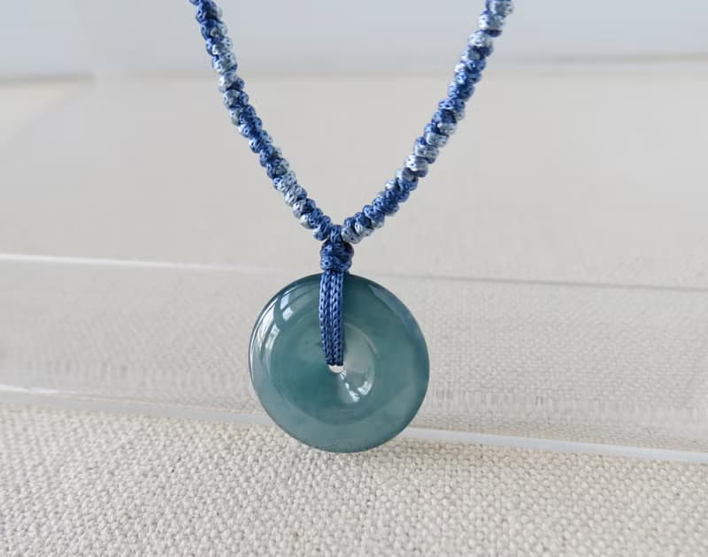 本命年【歲歲平安】冰藍水雪花棉平安扣翡翠絲光編織項鍊SA57招財
